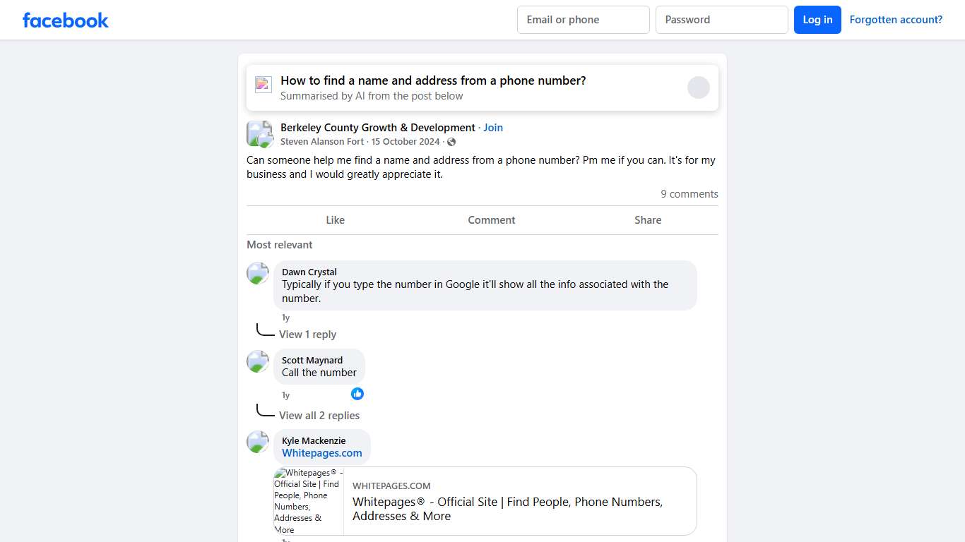 Berkeley County Growth & Development | Can someone help me find a name and address from a phone number | Facebook